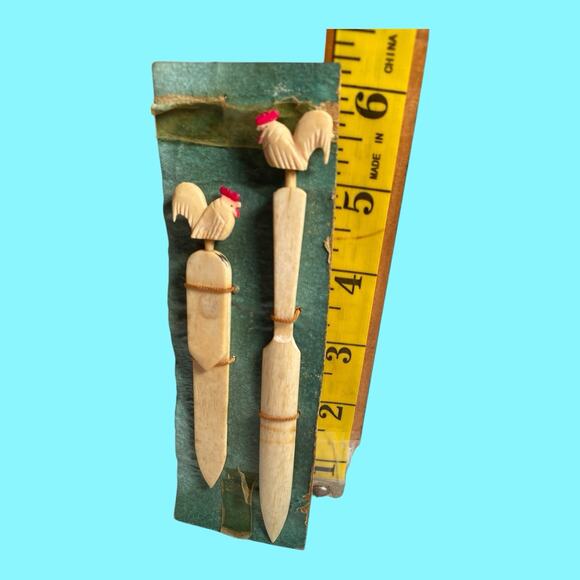 Vtg Carved Letter Opener Page Turner Bookmark Carved Roosters Bovine Bone Japan - Picture 7 of 11
